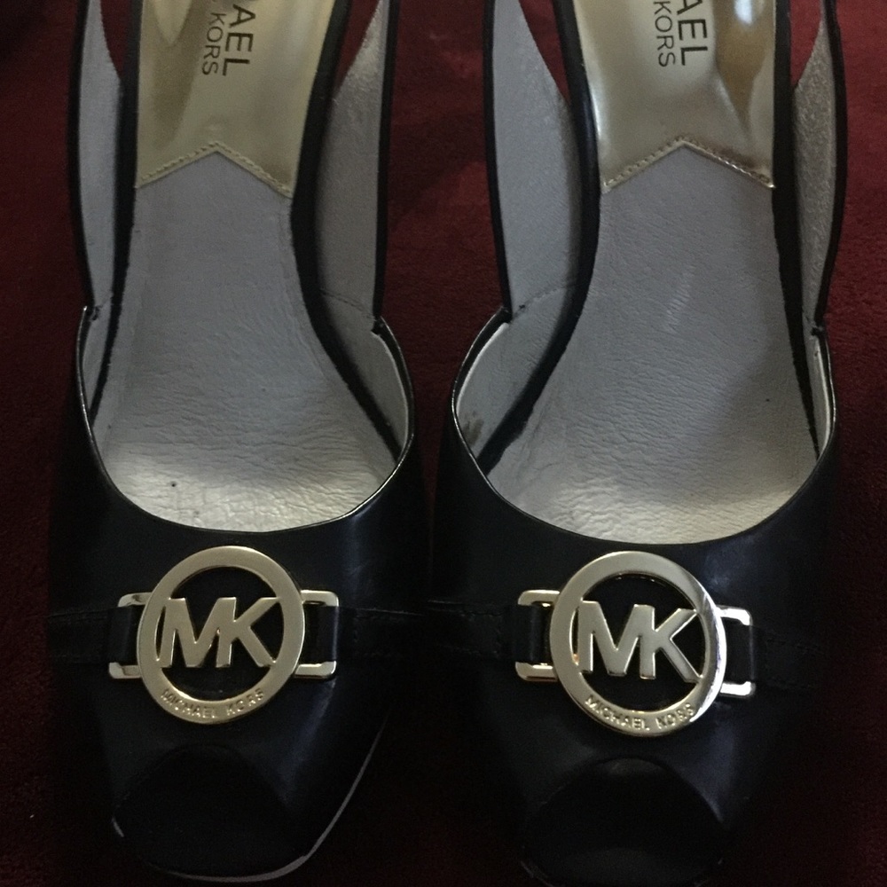 Michael Kors sling back open toe two tone wedge